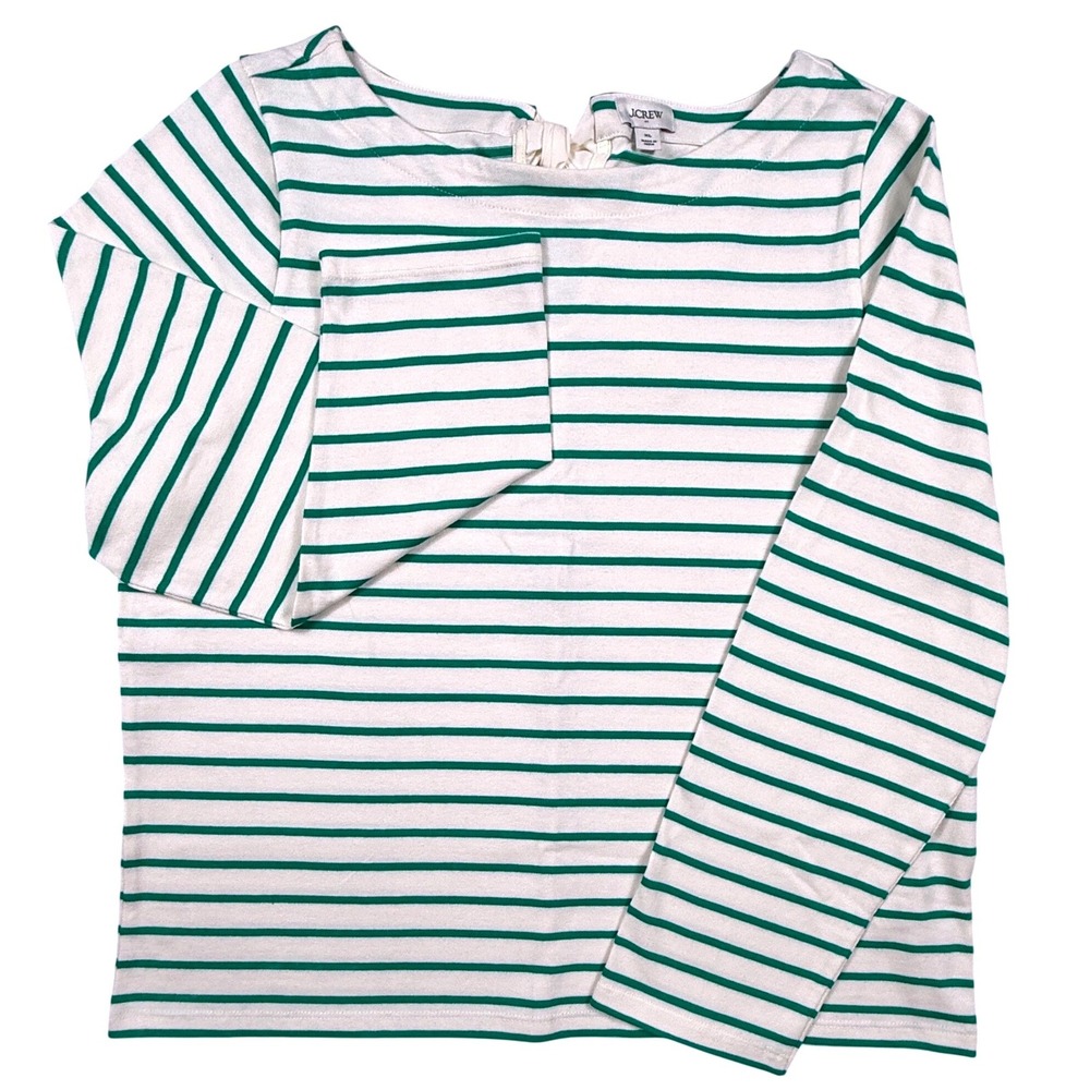 J.Crew Womens XL Green White Striped Bow Back Boat Neck Long Sleeve Nautical Top